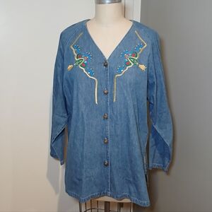 Vintage Alexa Em Western Style Wmbroidered Denim Button Down Top /  8